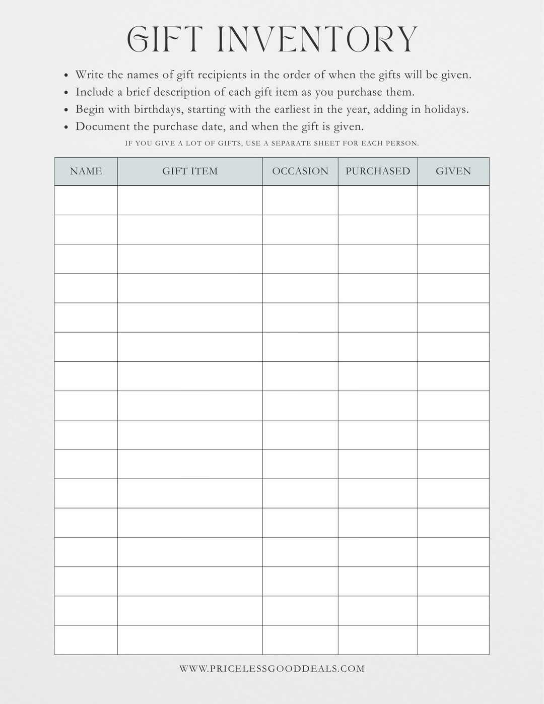 Free Printable Gift Inventory Worksheet Chart