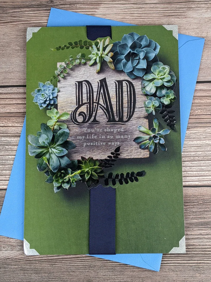 A Hallmark Father's Day greeting card with a green background and an image of an arrangement of succulent plants.