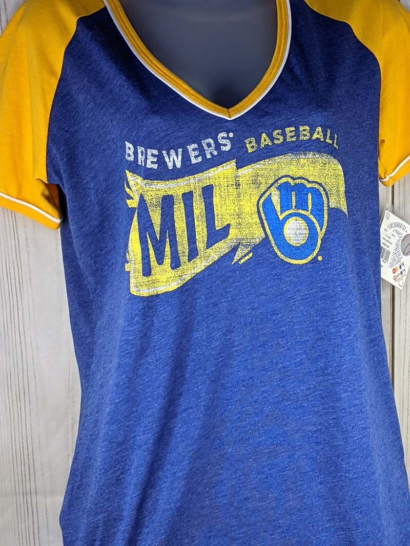Milwaukee Brewers T Shirt Women's Medium MLB Blue and Yellow Retro Logo New