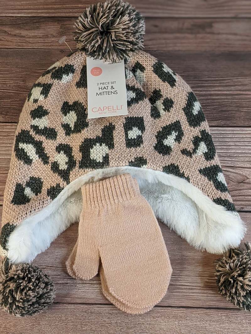 Pink Leopard Winter Hat with Mittens 2T-4T