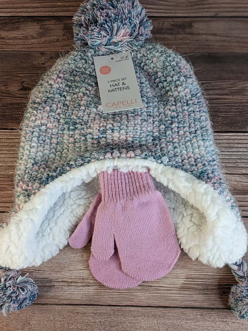 Pink Blue Combo Winter Hat with Mittens 2T-4T