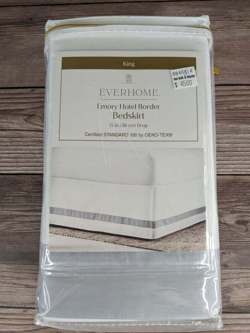 White/Gray Border Stripe King Bedskirt