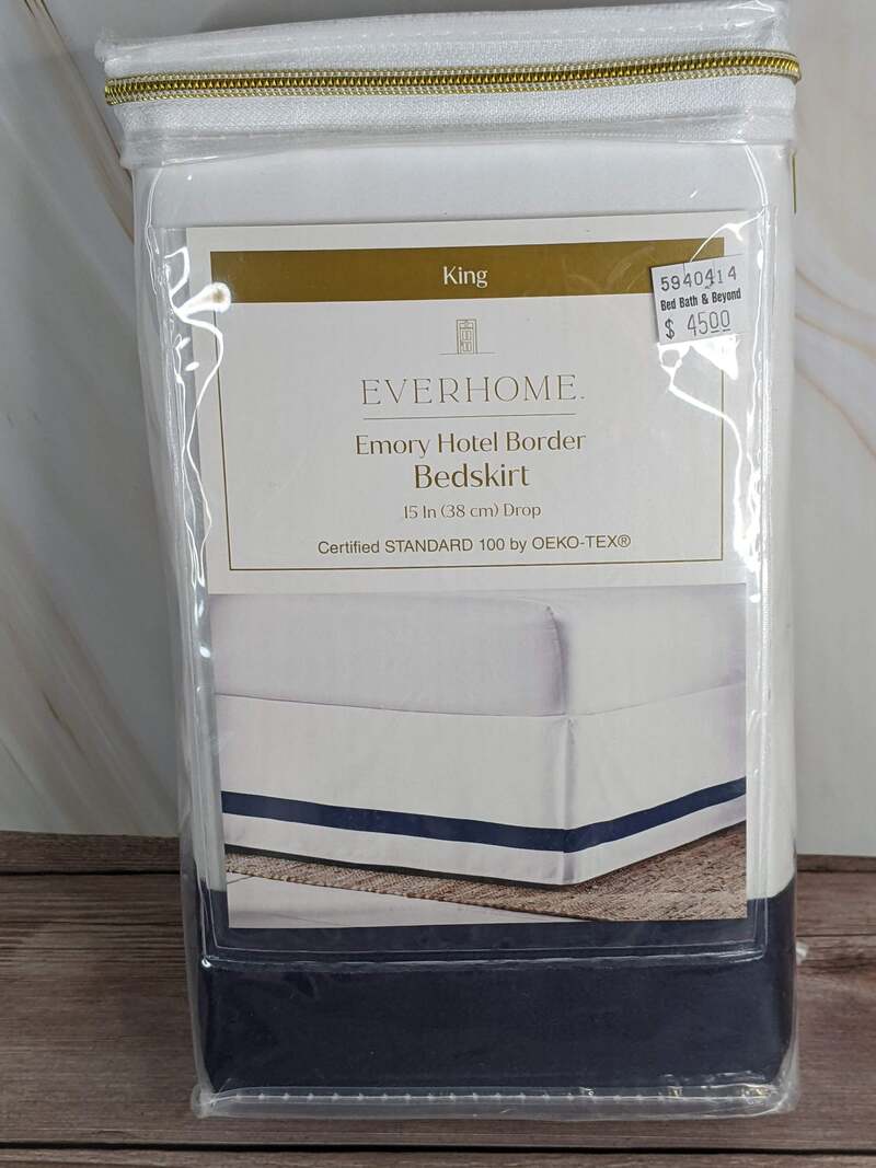 White/Navy Border Stripe King Bedskirt
