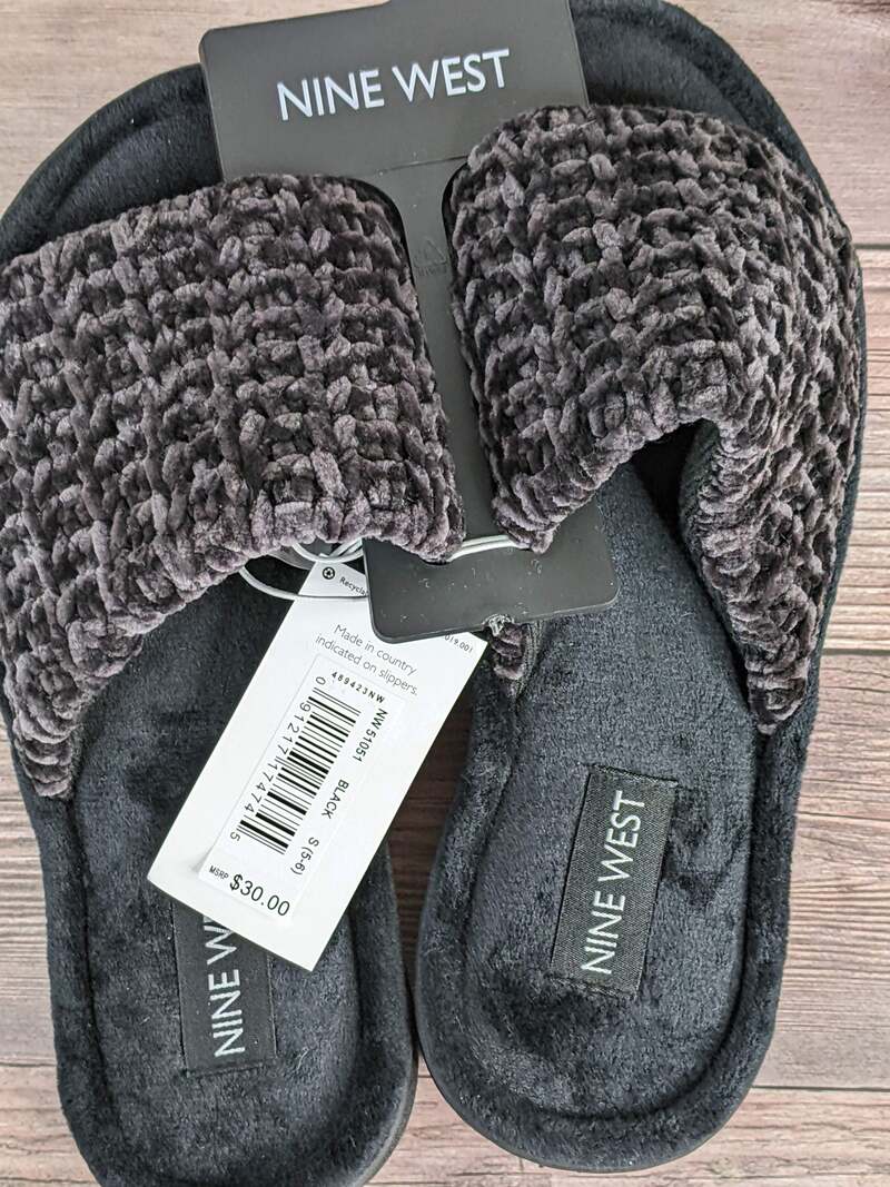 Black Chenille Open Toe Slippers Small