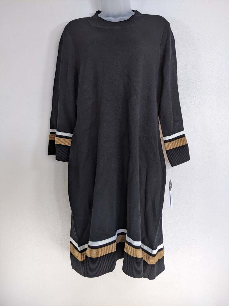 Black Sweater Dress with White and Gold Stripes XL
