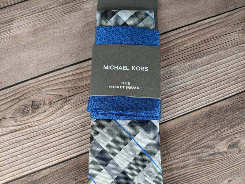 Michael Kors Gray Plaid Tie and Blue Pocket Square