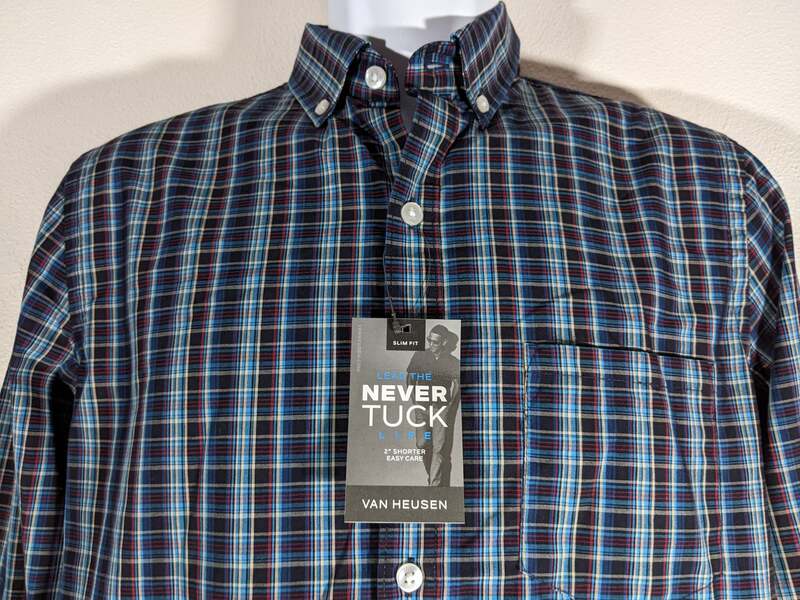 Van Heusen Slim Fit Never Tuck Blue Plaid Small Men's Shirt